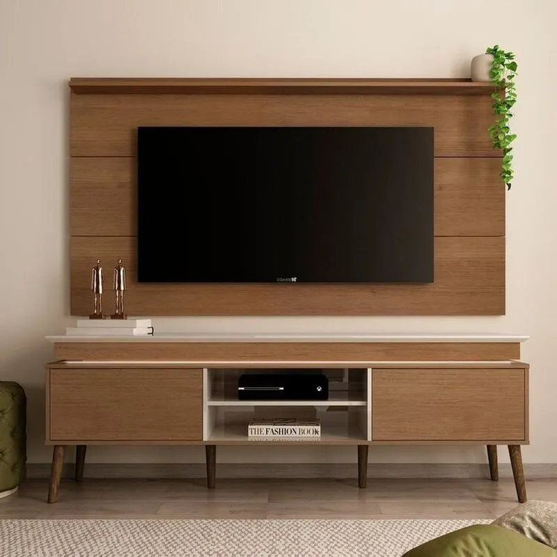 Conjunto 2 Peças Painel Slim E Rack Lumina Fita Led Embaixo Do Tampo Cinamomo/Off White