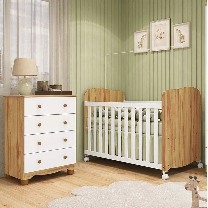 Quarto De Bebê Cômoda 4 Gavetas E Berço 100% Mdf Mimo Espresso Móveis Branco Brilho/amêndoa Branco Brilho/amêndoa