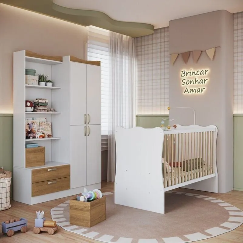Quarto Infantil Com Guarda Roupas 4 Portas E Berço Branco/Mel