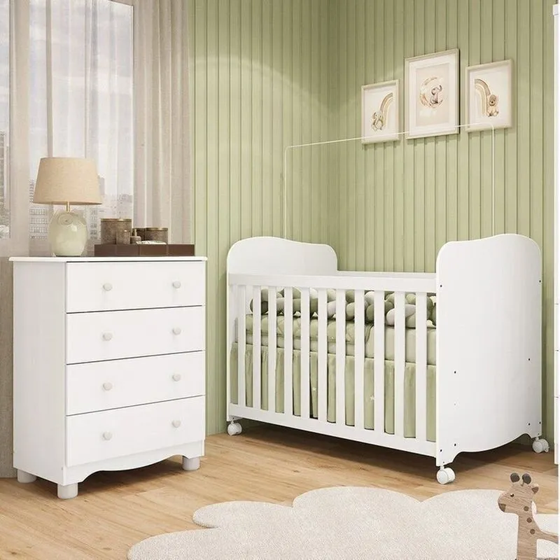 Quarto De Bebê Cômoda 4 Gavetas E Berço Com Rodízios 100% Mdf Mimo Espresso Móveis Branco Brilho Branco Brilho