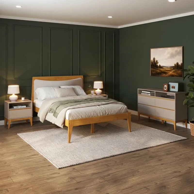 Conjunto Quarto Casal Cabeceira Estofada 2 Mesas De Cabeceira E Cômoda 4 Gavetas Bento Yescasa Cappuccino/amêndoa
