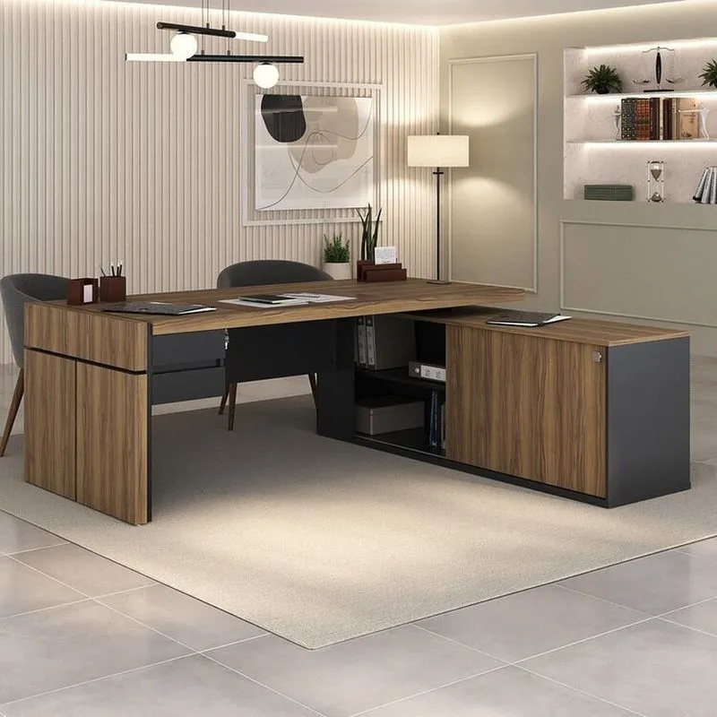 Mesa Para Escritório Diretor Em Tamburato Com 2 Gavetas Nogal/Preto