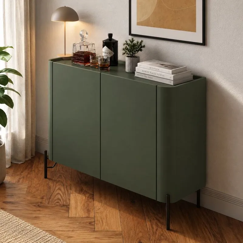 Balcão Buffet 98,5cm Para Sala De Jantar Com 2 Portas Prateleira E Pés Em Metal 100% Mdf Bend Verde/ Musgo