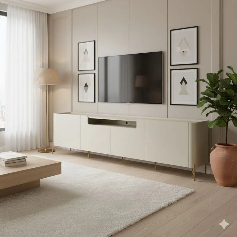 Rack Para Tv Até 50 Polegadas 100% Mdf 220cm 4 Portas Lisas Sala Metal Bend Bege Luna/dourado Luna / Dourado