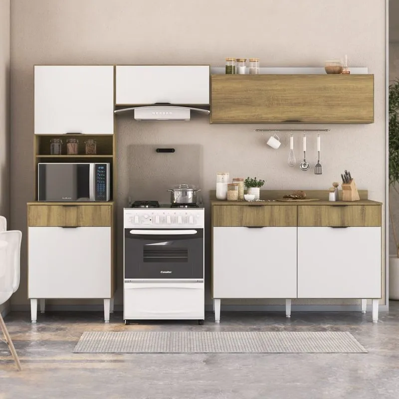 Conjunto De Cozinha Completa Modulada 4 Módulos Lâmina Valencia Yescasa Marrom/mel/branco Mel/branco