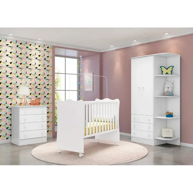 Quarto para Bebê Completo 3 Peças Guarda-Roupa, Cômoda e Berço Doce Sonho Branco Branco
