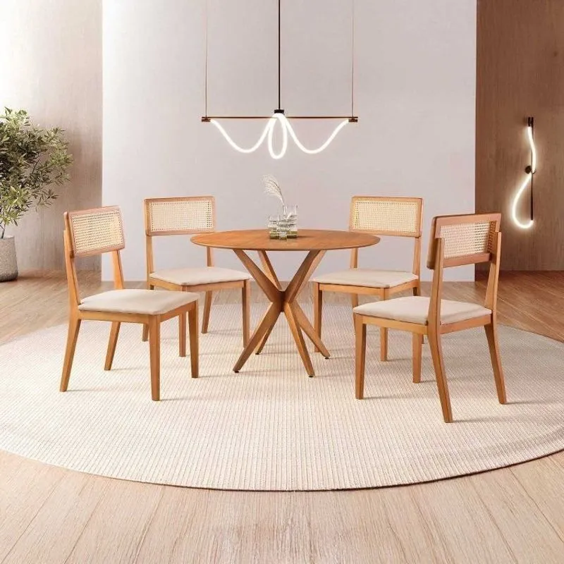 Conjunto De Sala De Jantar Mesa 100 Cm Com 4 Cadeiras Ava Bege Bege
