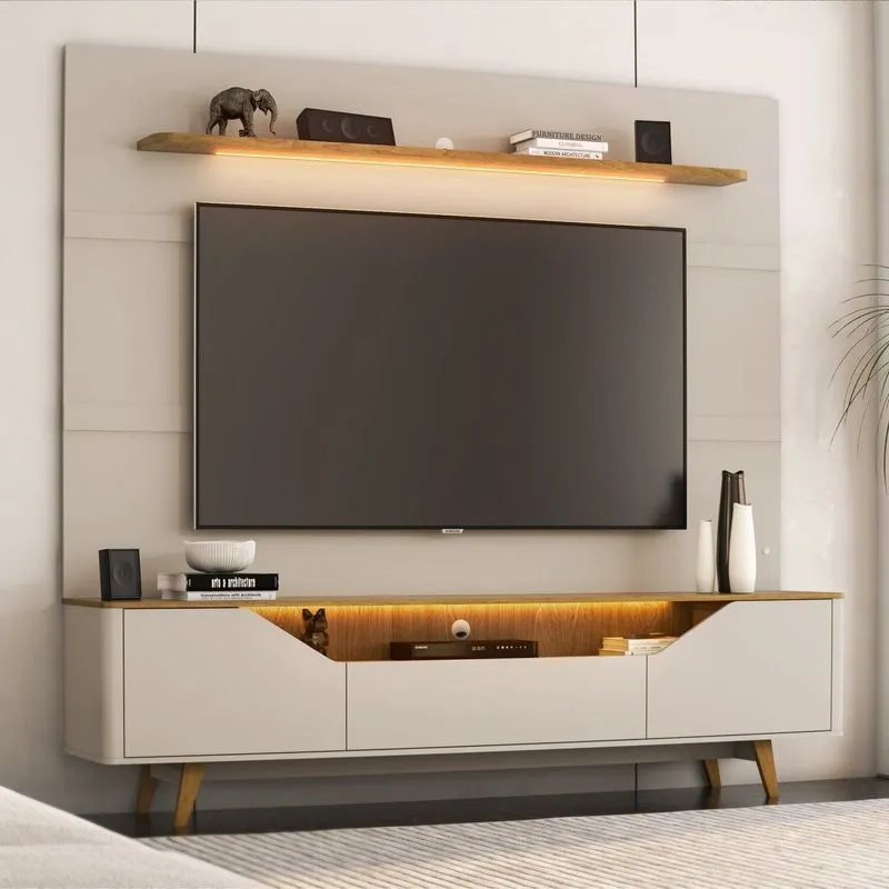 Rack Com Painel Para Tv Até 85 Polegadas Com Led 220cmx205,4cm Cooper Bege Dunas / Carvalho