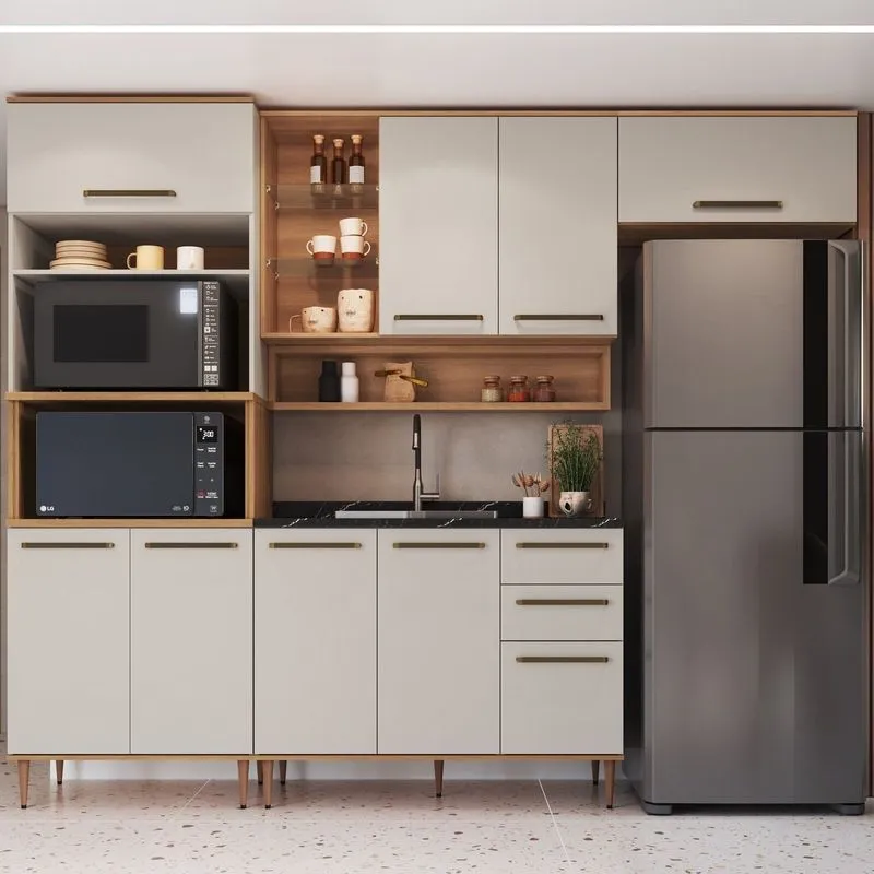Cozinha Modulada 4 Peças Com Torre Quente Para 2 Fornos Nicho Decorativo Isabelle Bege/freijó/arenas Freijó / Arenas