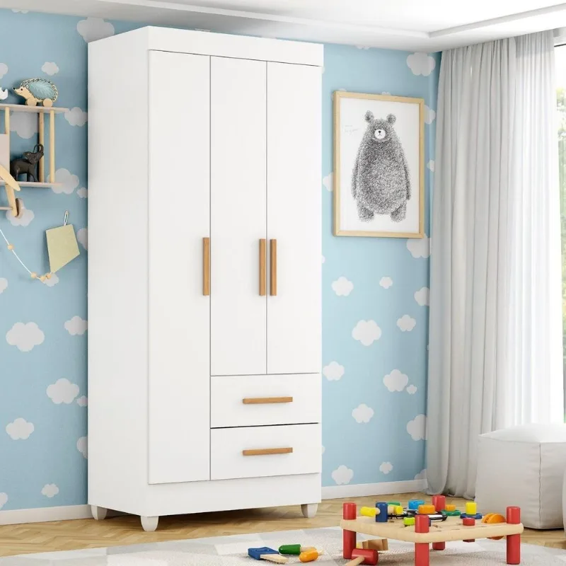 Guarda-Roupa para Quarto Infantil 3 Portas e 2 Gavetas com Pés Lite Branco Branco
