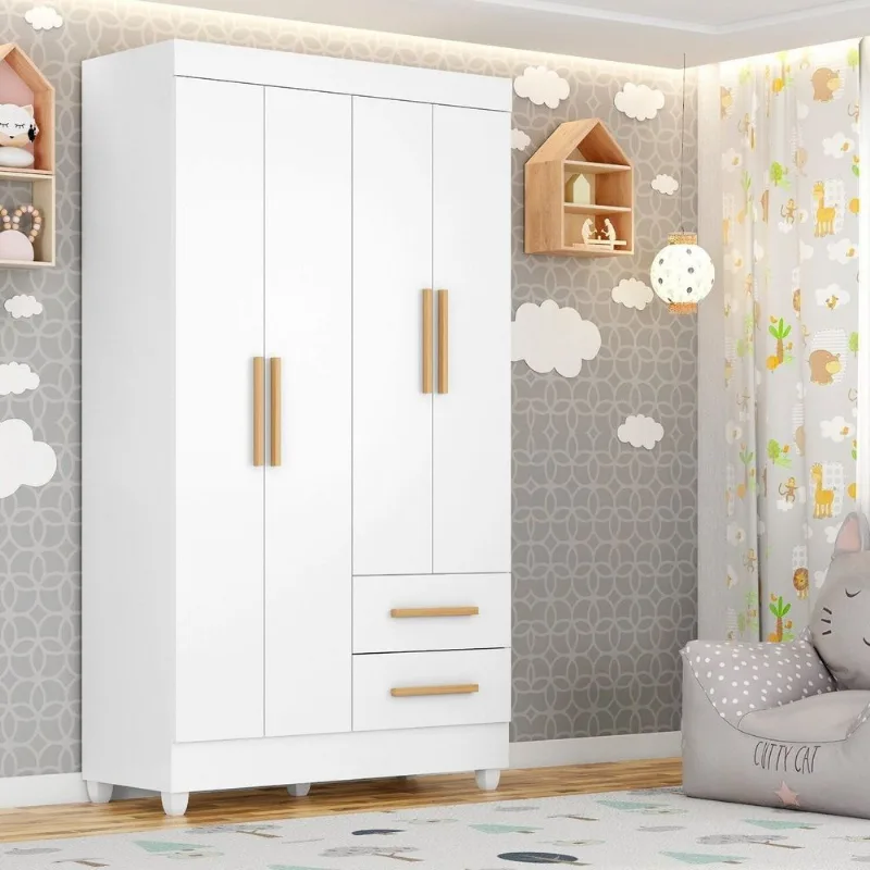 Guarda-Roupa para Quarto Infantil 4 Portas e 2 Gavetas com Pés Lite Branco Branco