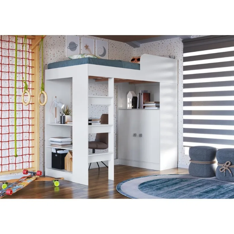 Cama Alta Multifuncional Infantil/Juvenil com Armário e Escrivaninha San Francisco Yescasa Branco Branco