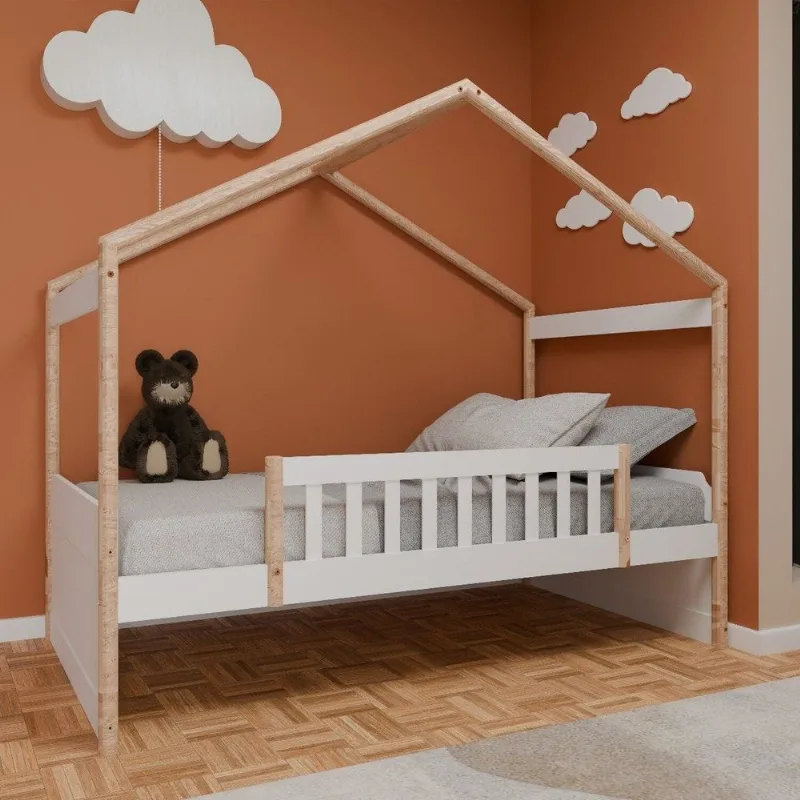 Cama Cabana Infantil Solteiro em MDF Arredus Branco e Natural Branco/Natural