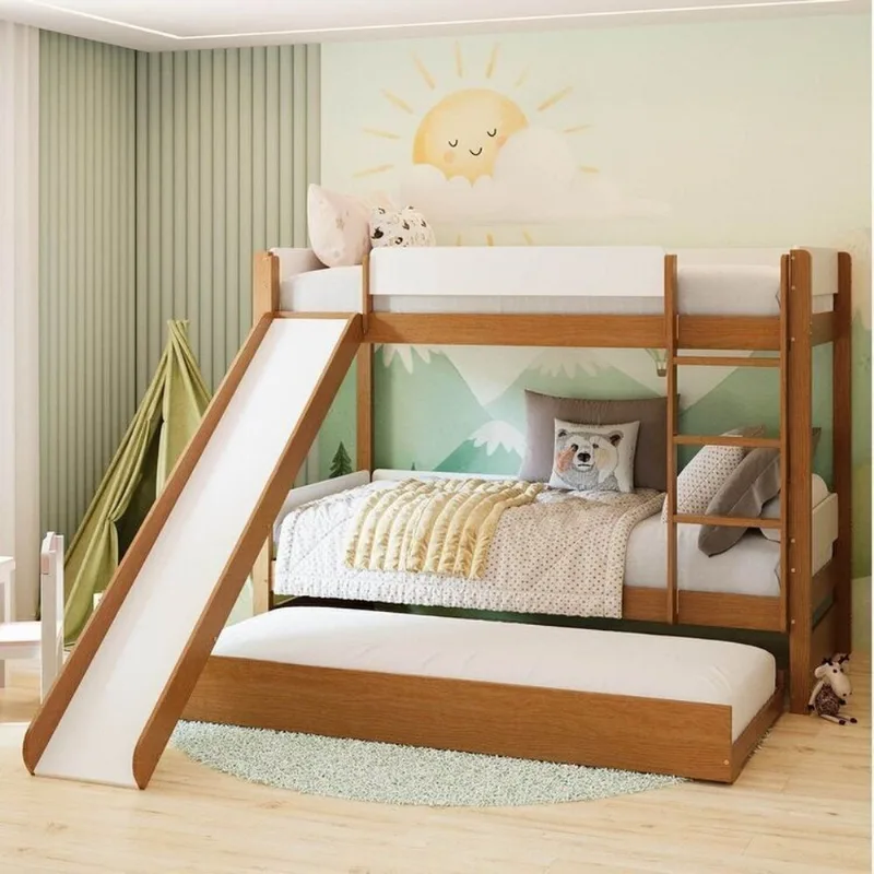 Treliche com Cama Auxiliar e Kit Escorregador Aria Casatema Marrom/Nogueira/Branco Nogueira/Branco