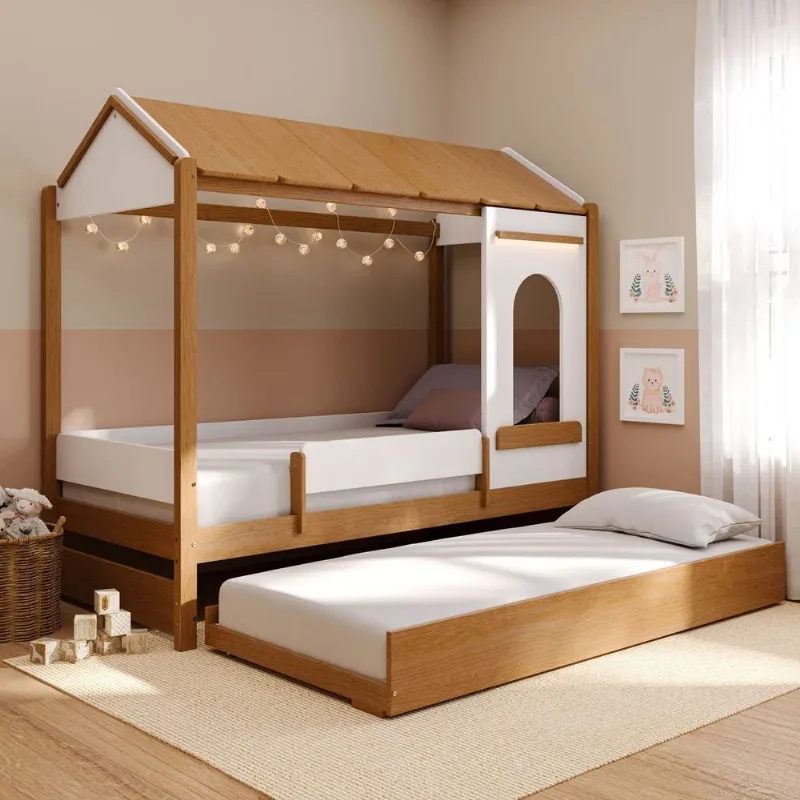 Bicama Casinha com Janela LED e Grade de Proteção Aria Casatema Marrom/Nogueira/B Nogueira/Branco