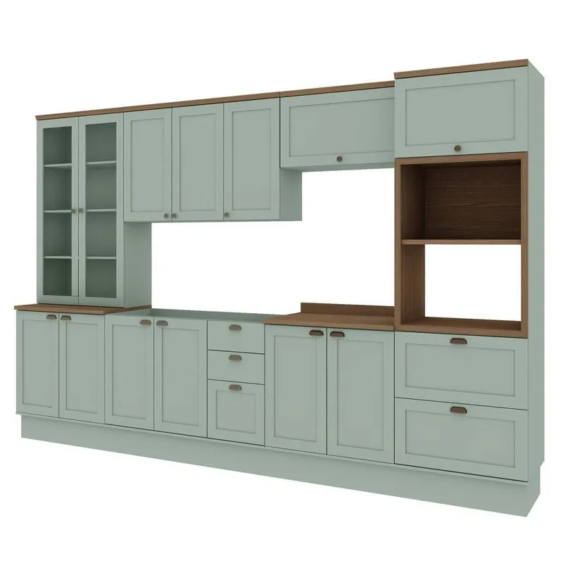 Cozinha Completa Modulada 100% Mdf 6 Peças Com Cristaleira Iluminata Mint/Ébano