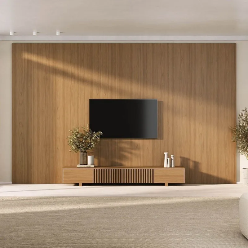 Rack Ripado com Painel TV até 86 Polegadas Planejado 400x230cm Aruá CabeCasa MadeiraOriginals Marrom Jatobá Jatoba