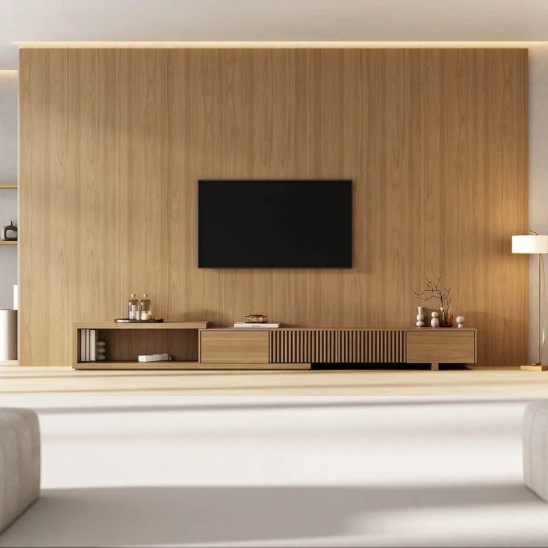 Rack Extensível Ripado com Painel TV 86 Polegadas Planejado 400x230cm Aruá CabeCasa MadeiraOrigina Jatoba