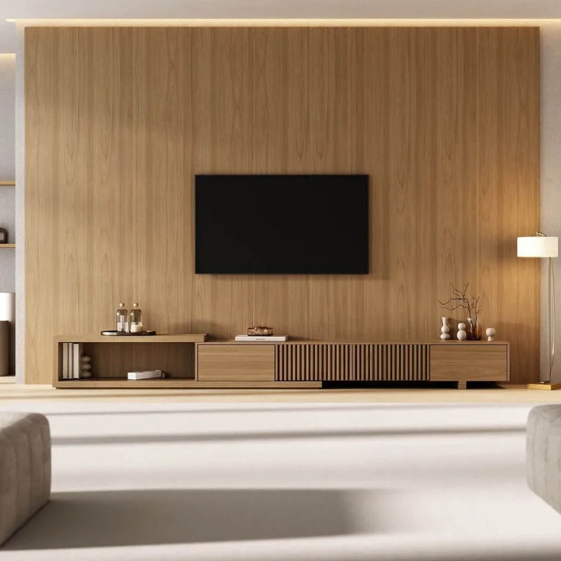 Rack Extensível Ripado com Painel TV 86 Polegadas Planejado 360x250cm Aruá CabeCasa MadeiraOriginals Marrom Jatoba