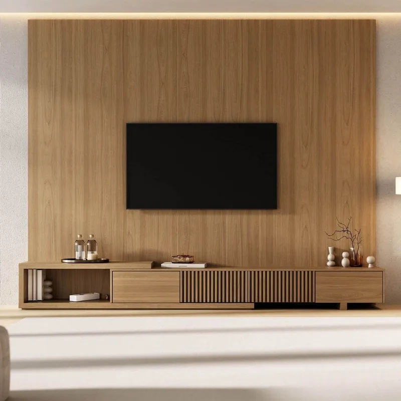 Rack Extensível Ripado com Painel TV 86 Polegadas Planejado 280x230cm Aruá CabeCasa MadeiraOrigina Jatoba