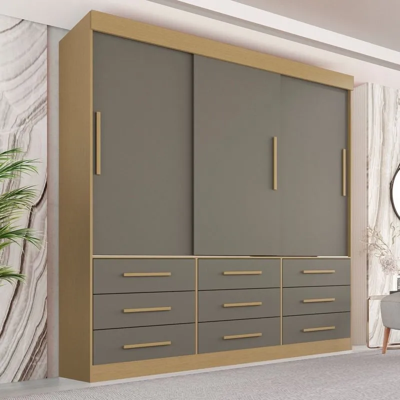 Guarda-Roupa Casal 3 Portas 9 Gavetas Luana Jequitibá/granizo