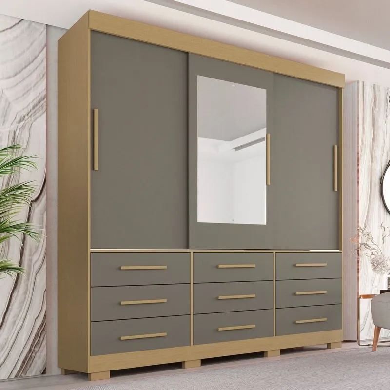 Guarda-Roupa Com Pés E Espelho Casal 3 Portas 9 Gavetas Luana Jequitibá/granizo