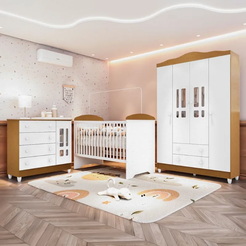 Quarto Bebê Completo Berço 3EM1 Eloá Guarda Roupa 4 Portas Cômoda 4 Gavetas 1 Porta MDF Branco/com B Branco com Bétula