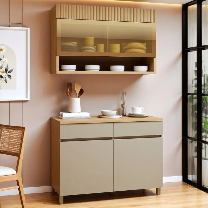 Cozinha Completa Modulada 2 Peças 3 Portas 2 Gavetas 100% Mdf Realeza Premium Carvalho/greige