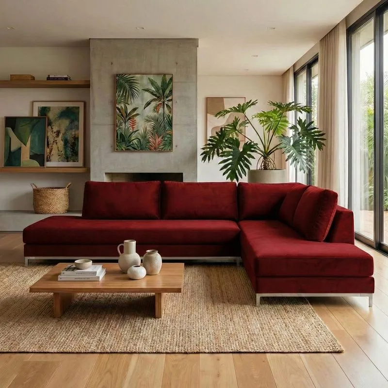 Sofá De Canto Em L Revestimento Em Veludo Com Chaise Lado Direito Vermelho
