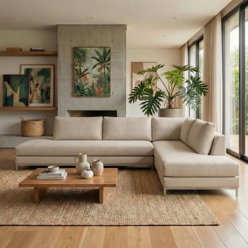 Sofá De Canto Em L Revestimento Em Veludo Com Chaise Lado Esquerdo 293x84cm Bege Claro