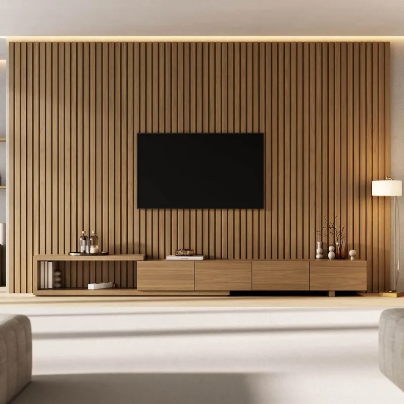 Rack Extensível com Painel Ripado TV 86 Polegadas Planejado 360x230cm Aruá CabeCasa MadeiraOrigina Jatoba