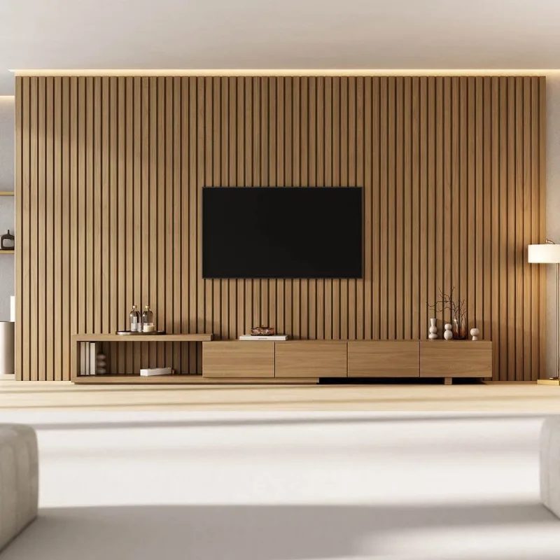 Rack Extensível com Painel Ripado TV 86 Polegadas Planejado 400x230cm Aruá CabeCasa MadeiraOrigina Jatoba