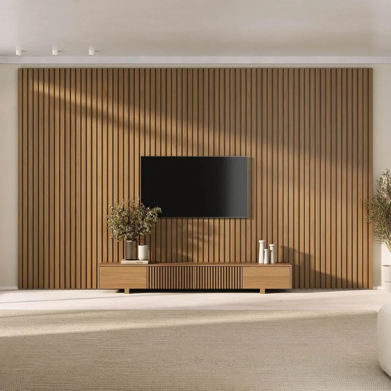 Rack com Painel Ripado TV 86 Polegadas Planejado 400x230cm Aruá CabeCasa MadeiraOriginals Marrom Jatoba