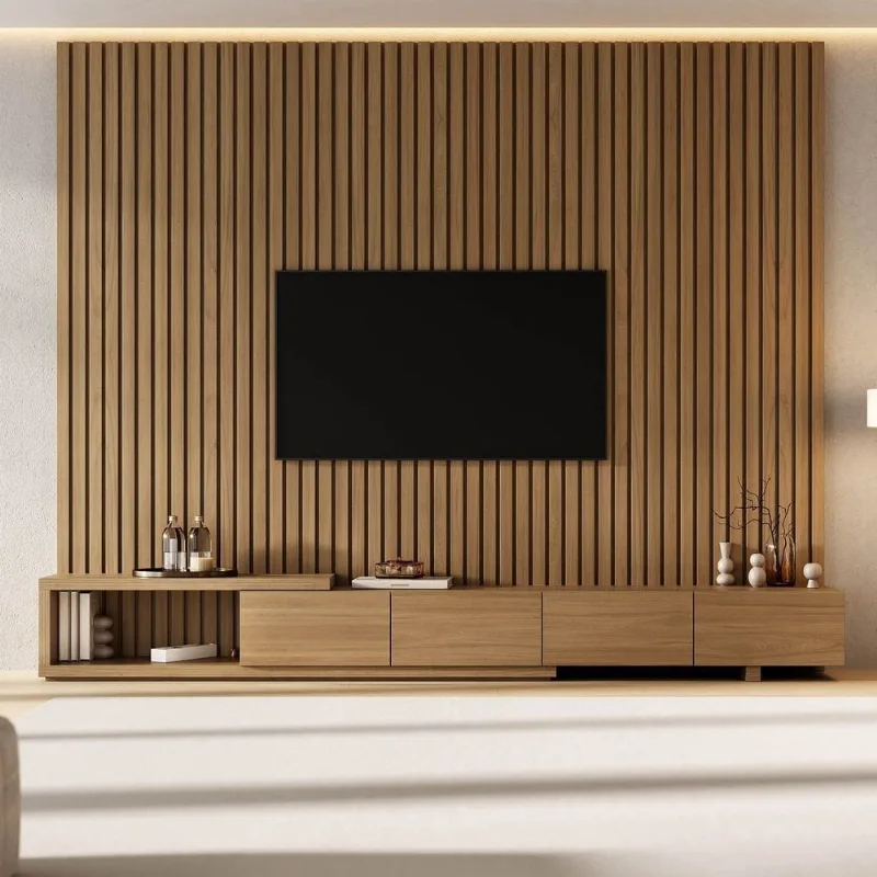 Rack Extensível com Painel Ripado TV 86 Polegadas Planejado 280x250cm Aruá CabeCasa MadeiraOrigina Jatoba