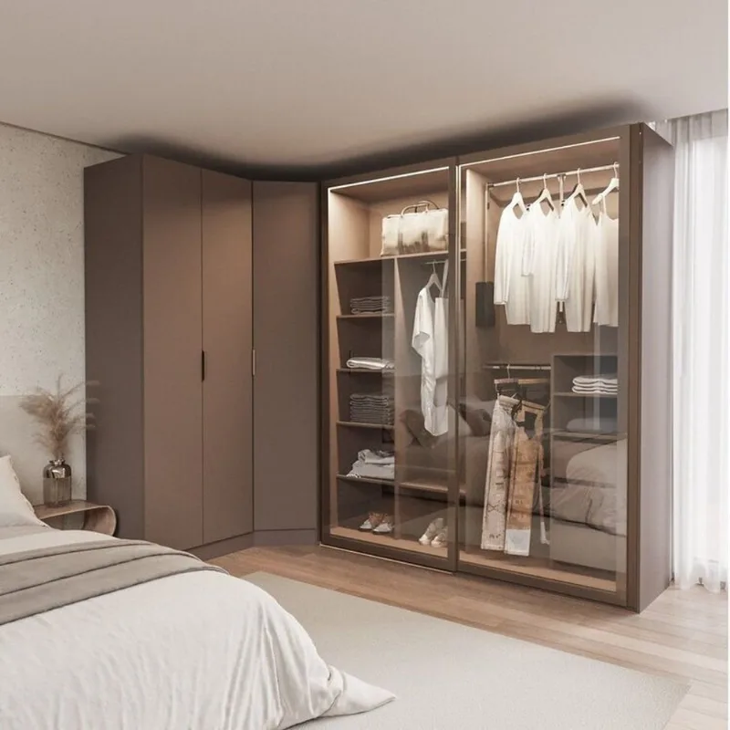 Guarda-Roupa Planejado de Canto Obliquo com 5 Portas Reflectas Orion CabeCasa MadeiraOriginals Marrom Mocha/Reflecta