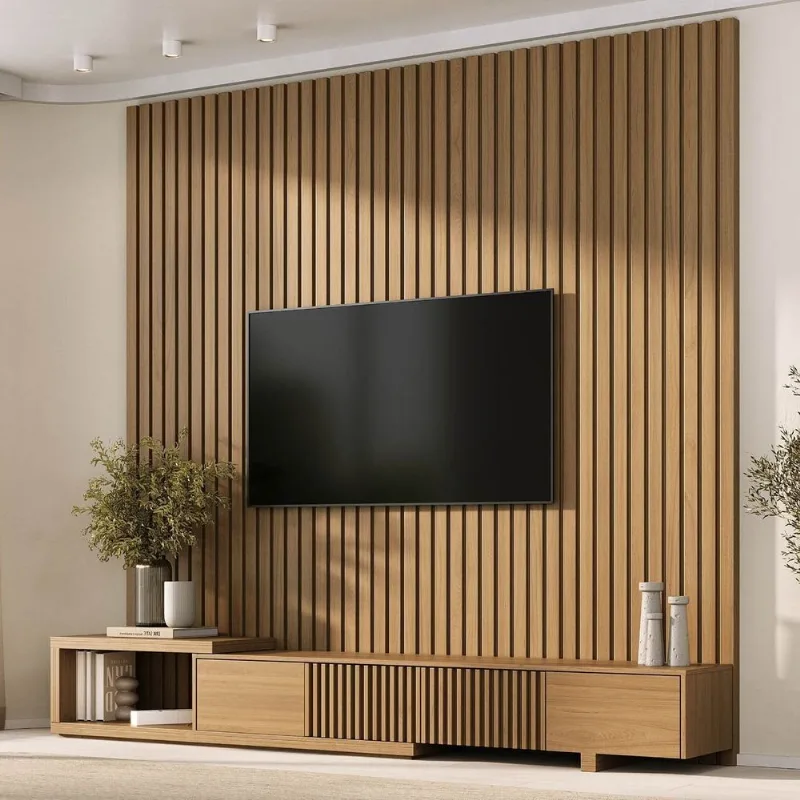 Rack Extensível com Painel Ripado TV 86 Polegadas Planejado 244x250cm Aruá CabeCasa MadeiraOrigina Jatoba
