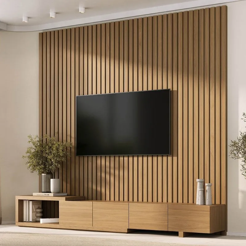 Rack Extensível com Painel Ripado TV 86 Polegadas Planejado 244x230cm Aruá CabeCasa MadeiraOrigina Jatoba