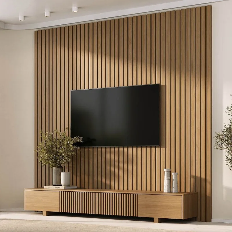 Rack com Painel Ripado TV 86 Polegadas Planejado 240x230cm Aruá CabeCasa MadeiraOriginals Marrom Jatoba