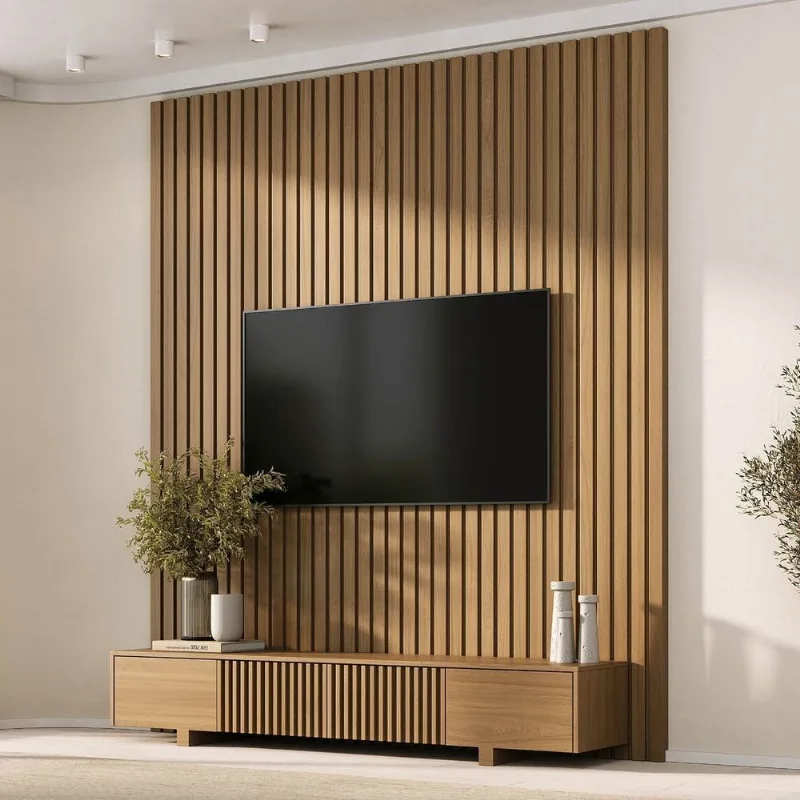 Rack com Painel Ripado TV 75 Polegadas Planejado 200x230cm Aruá CabeCasa MadeiraOriginals Marrom Jatoba