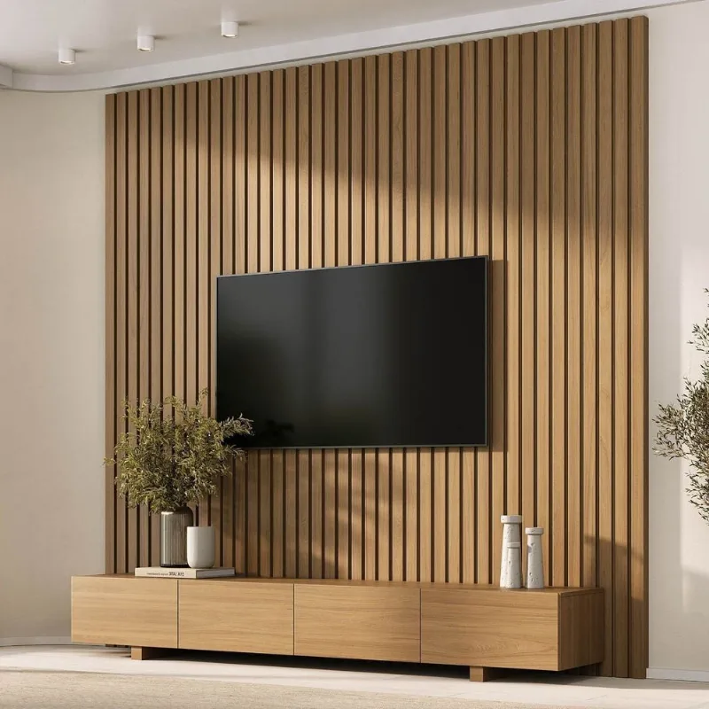 Rack com Painel Ripado TV 86 Polegadas Planejado 240x230cm Aruá CabeCasa MadeiraOriginals Marrom Jatoba