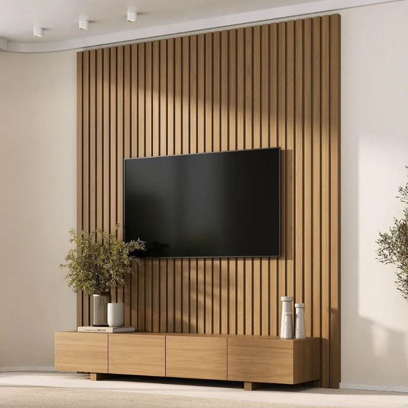 Rack com Painel Ripado TV 75 Polegadas Planejado 200x250cm Aruá CabeCasa MadeiraOriginals Marrom Jatoba