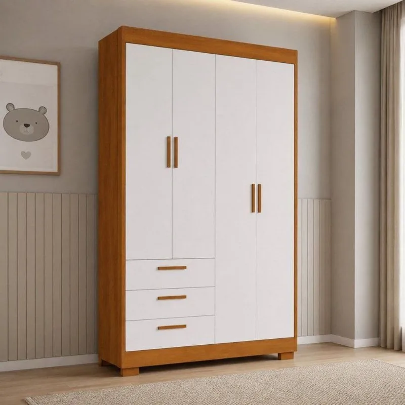 Guarda Roupa Infantil Zaki 100% MDF 4 Portas| Branco/Fosco/Savana Branco Fosco / Savana