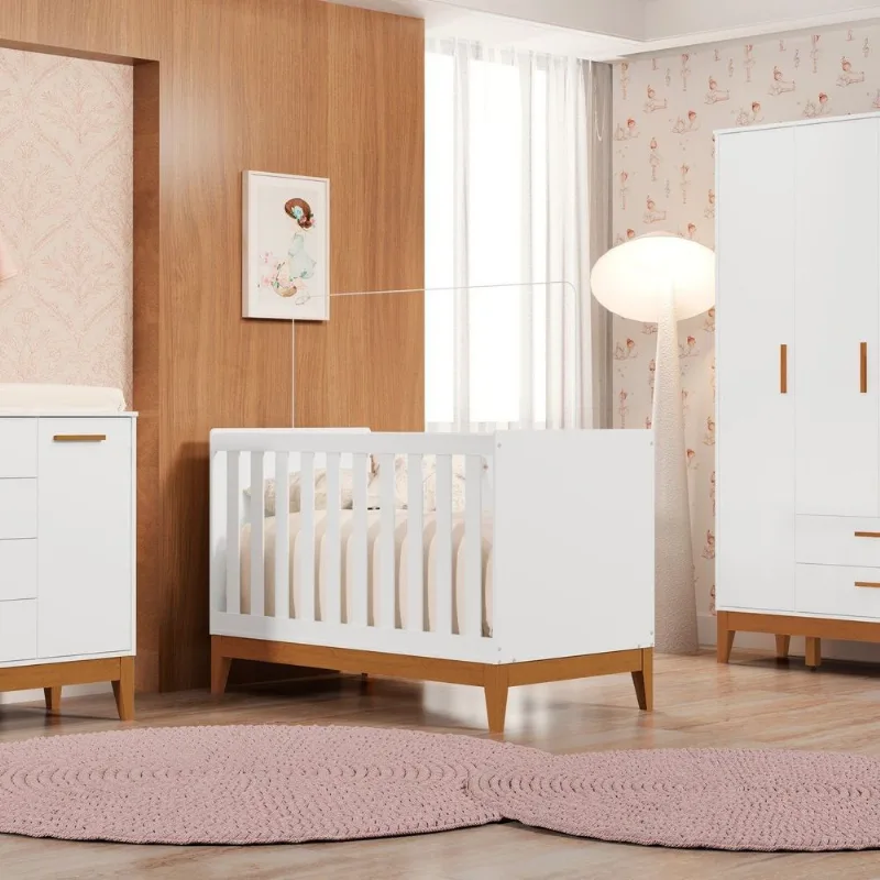 Berço 2 em 1 100% MDF 90cm x 133cm Flip Branco/Fosco Branco Fosco