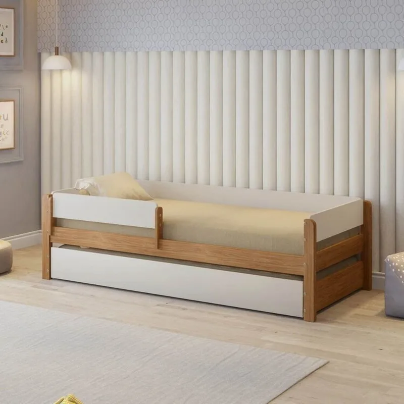 Bicama Infantil com Grade de Proteção Aria Casatema Branco/Nogueira Branco/Nogueira