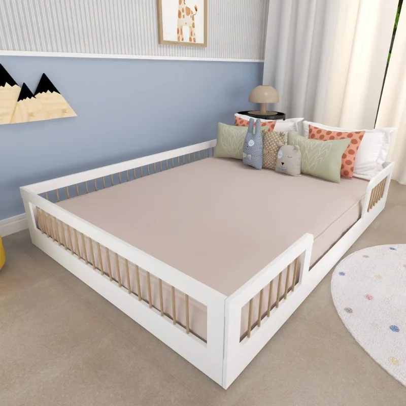 Cama Infantil Montessoriana Casal com Grades em Pinus Lume Branco Branco