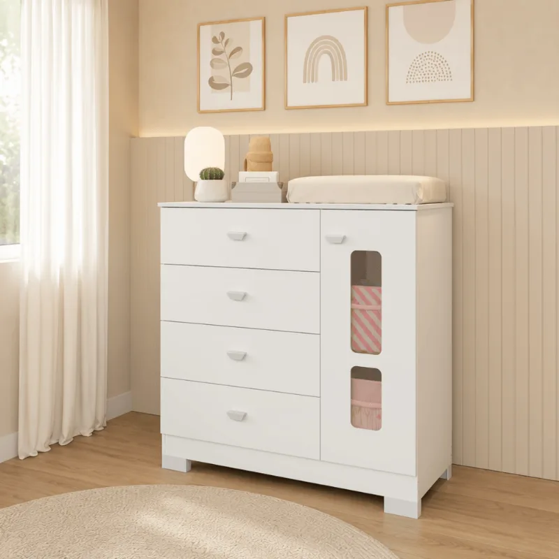 Cômoda Sapateira Katatau para Quarto de Bebê 100% MDF Branco/Brilho Branco Brilho