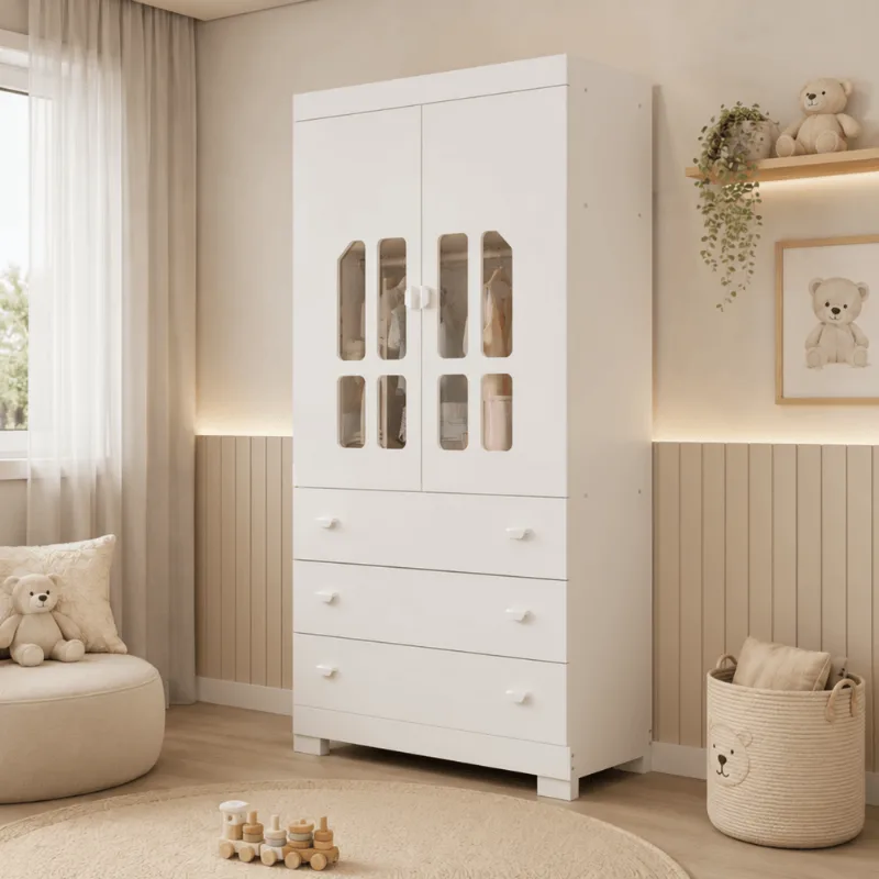 Guarda-Roupa Katatau para Quarto de Bebê 100% MDF 2 Portas Branco/Fosco Branco Fosco