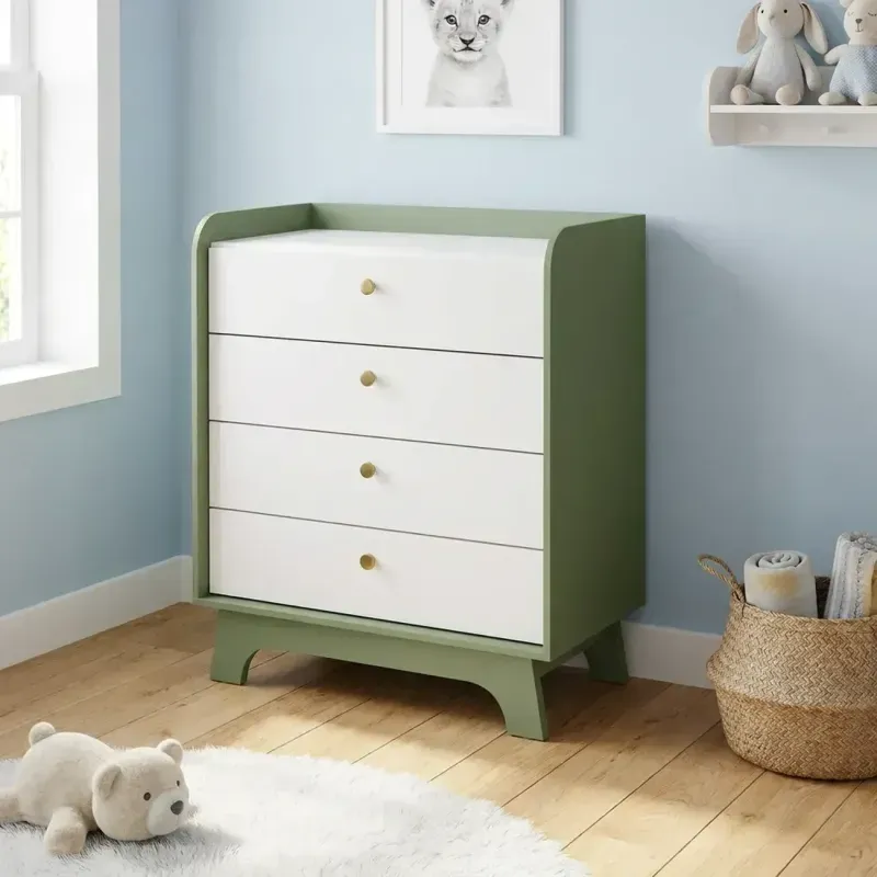 Cômoda Infantil 4 Gavetas Encanto 100 x 81cm Verde Oliva/Branco Verde Oliva/Branco