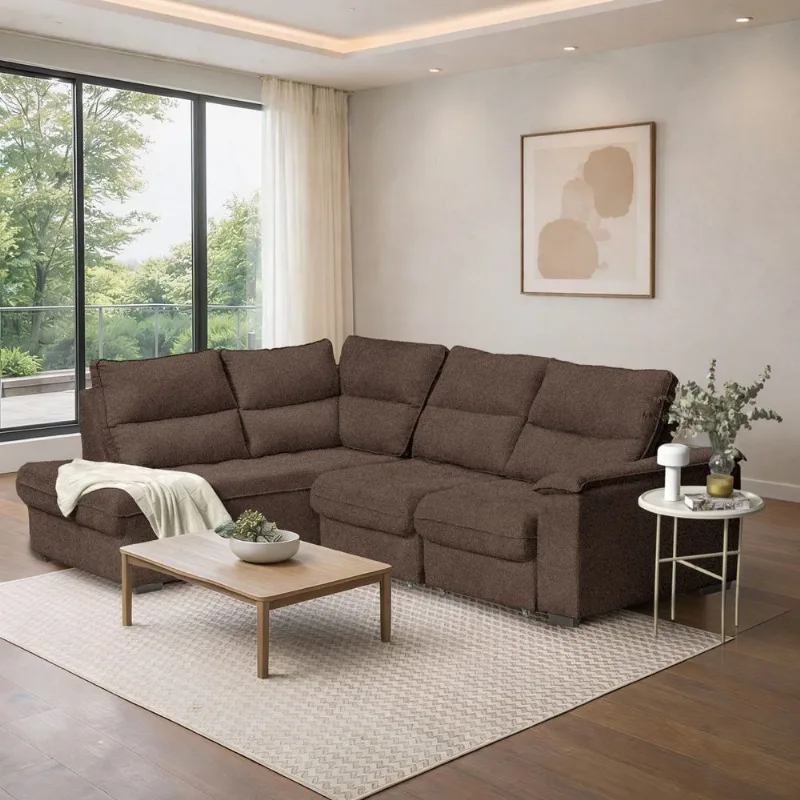 Sofá de Canto Retrátil Chaise Lado Esquerdo 4 Lugares Nest CabeCasa MadeiraOriginals Marrom Marrom