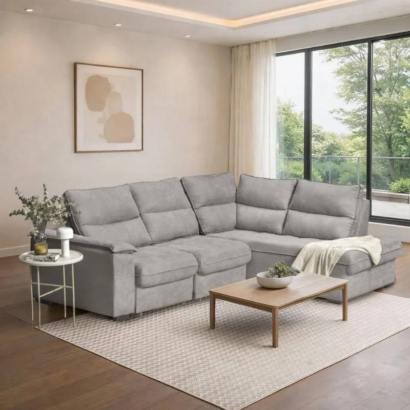 Sofá de Canto Retrátil Chaise Lado Direito 4 Lugares Nest CabeCasa MadeiraOriginals Cinza Cinza